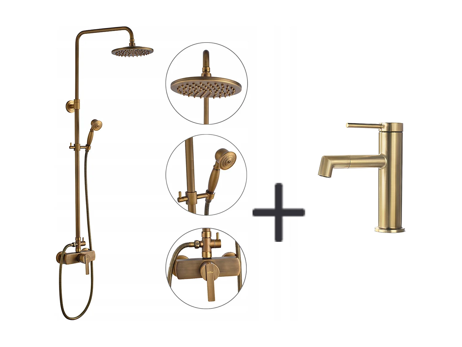 Colonna doccia in ottone Bronzo Retro,Doccia con Miscelatore Meccanico,AltoEur Regolabile+Rubinetto Lavabo Girevole 360°,Acquia Calda/Fredda,Dorato