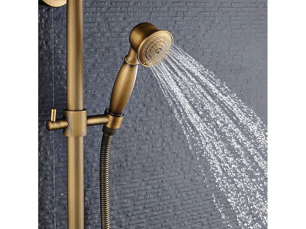 Colonna doccia in ottone Bronzo Retro,Doccia con Miscelatore Meccanico,AltoEur Regolabile+Rubinetto Lavabo Girevole 360°,Acquia Calda/Fredda,Dorato