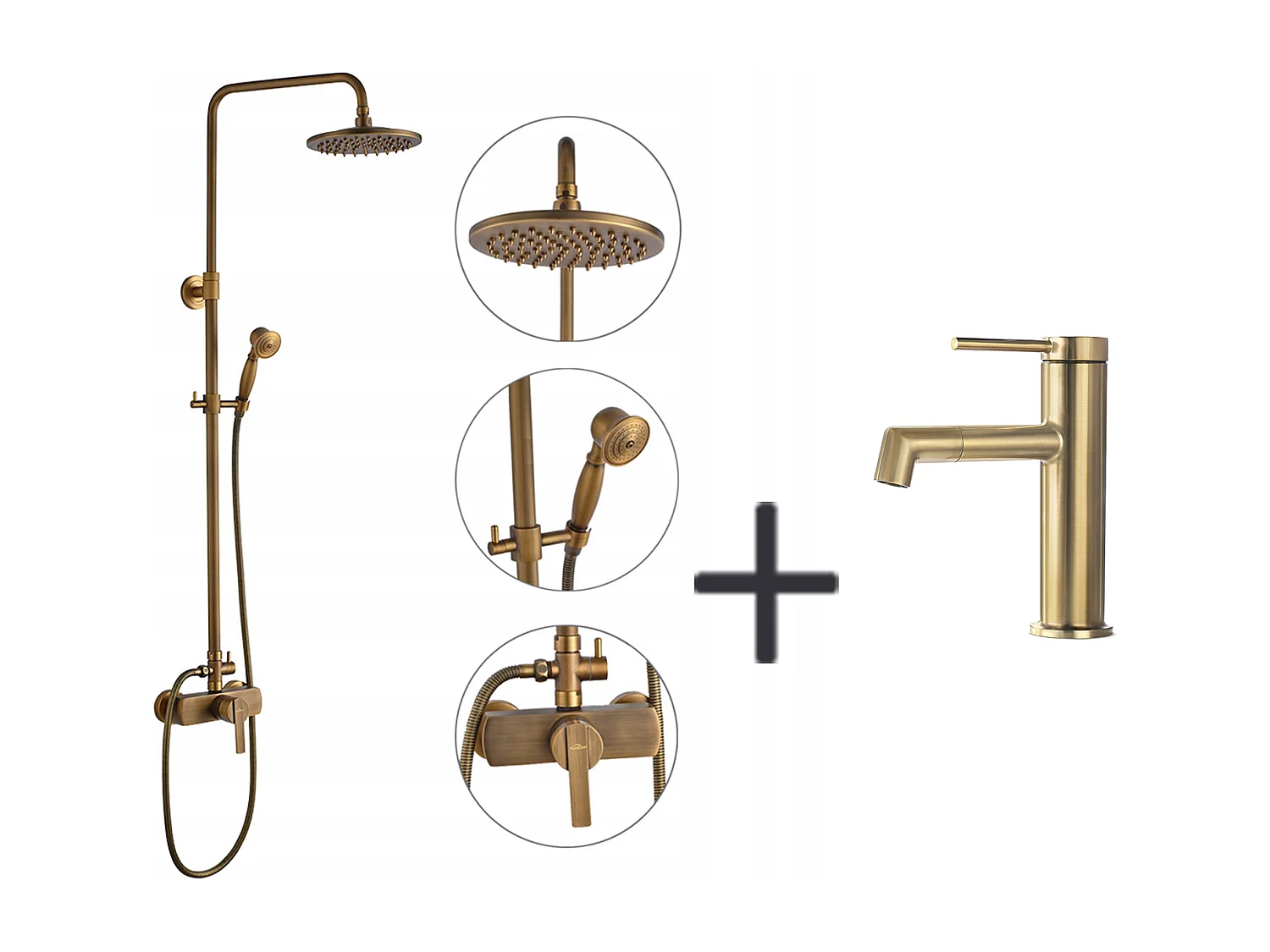 Auralum Max Colonne douche en laiton Bronze Rétro,Douche avec Mitigeur Mécanique,Hauteur Réglable+Robinet Lavabo Pivotant 360°,Eau Chaude/Froide,Doré