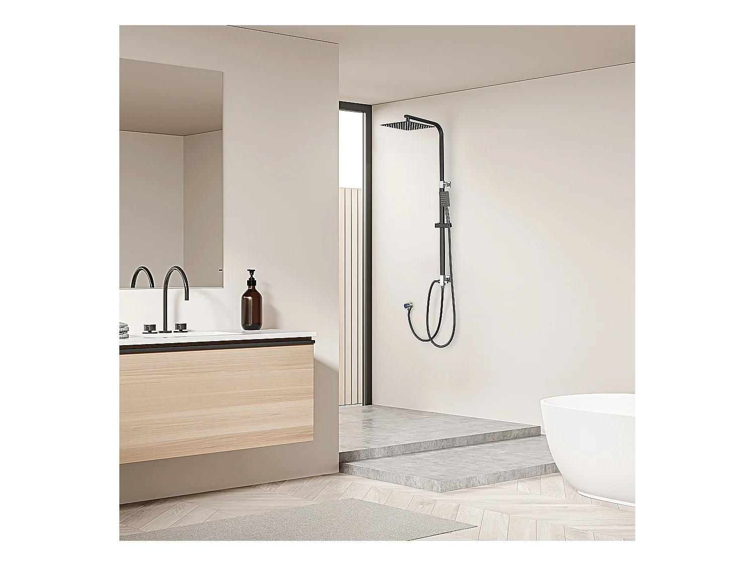 Ensemble de Douche Noir Colonne de Douche en Laiton sans Mitigeur Systhème de Douche avec Douchettes à Main et Tête de Douche Carré