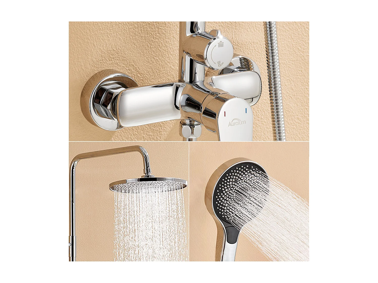 Colonne de Douche Chromé,avec Mitigeur,Réglable en Hauteur 103-139 cm,avec Douchette 3 Jets+60cm Porte-Serviettes Salle Bain Auto-adhésif/Perçage