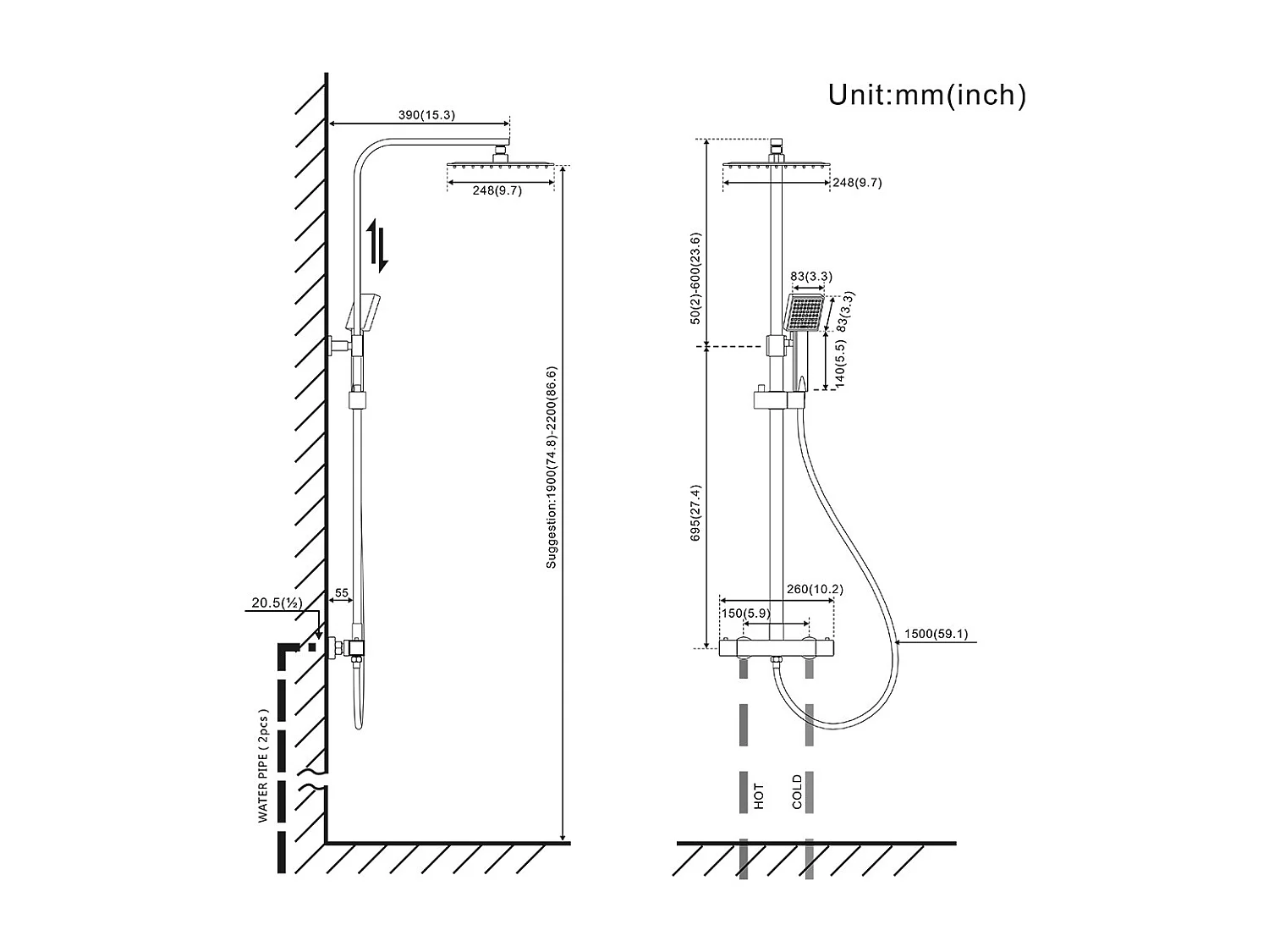 Columna de Ducha Termostática, Negro, Juego de Ducha Termostática de Latón, con Mezclador, Altura Ajustable