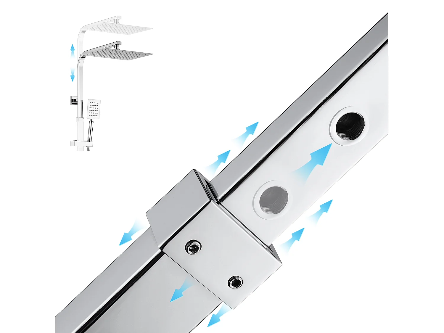 AURALUM MAX  Colonne de douche thermostatique,3 Fonctions Kit de Douche en laiton,avec Mitigeur Douche Cascade,Hauteur Réglable 98.5-129.5 cm,Chromé