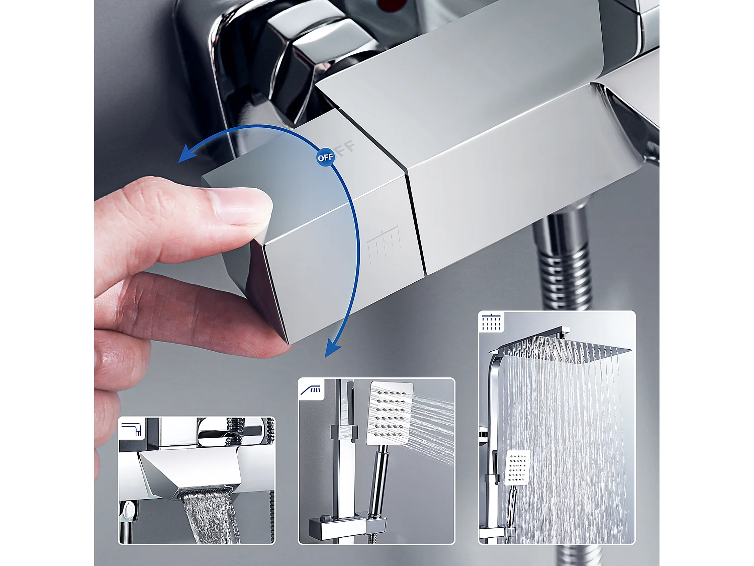 AURALUM MAX Columna de ducha termostática,3 Funciones Kit de Ducha de latón,con Mezclador Ducha Cascada,Altura Ajustable 98.5-129.5 cm,Cromado