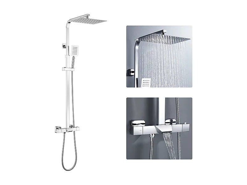 AURALUM MAX Columna de ducha termostática,3 Funciones Kit de Ducha de latón,con Mezclador Ducha Cascada,Altura Ajustable 98.5-129.5 cm,Cromado