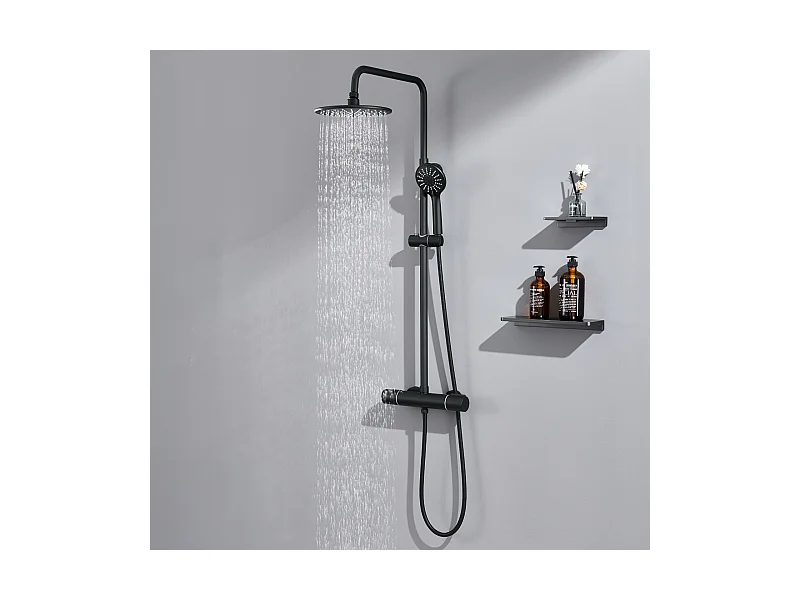 Schwarze Thermostat-Duschsäule mit 38 °C Thermostatmischer, höhenverstellbare Duschsäule, 3-Strahl-Duschkopf/Handbrause