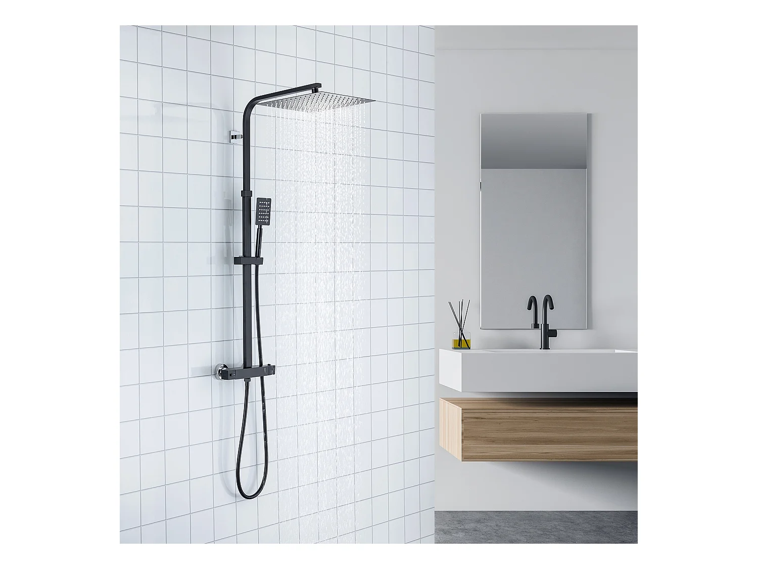 Colonne Douche Thermostatique,Réglable Hauteur 30x30CM Pommeau Douche,Colonne Douche Noir Inoxydable,Mitigeur Thermostatique Salle Bain,EU Modèle