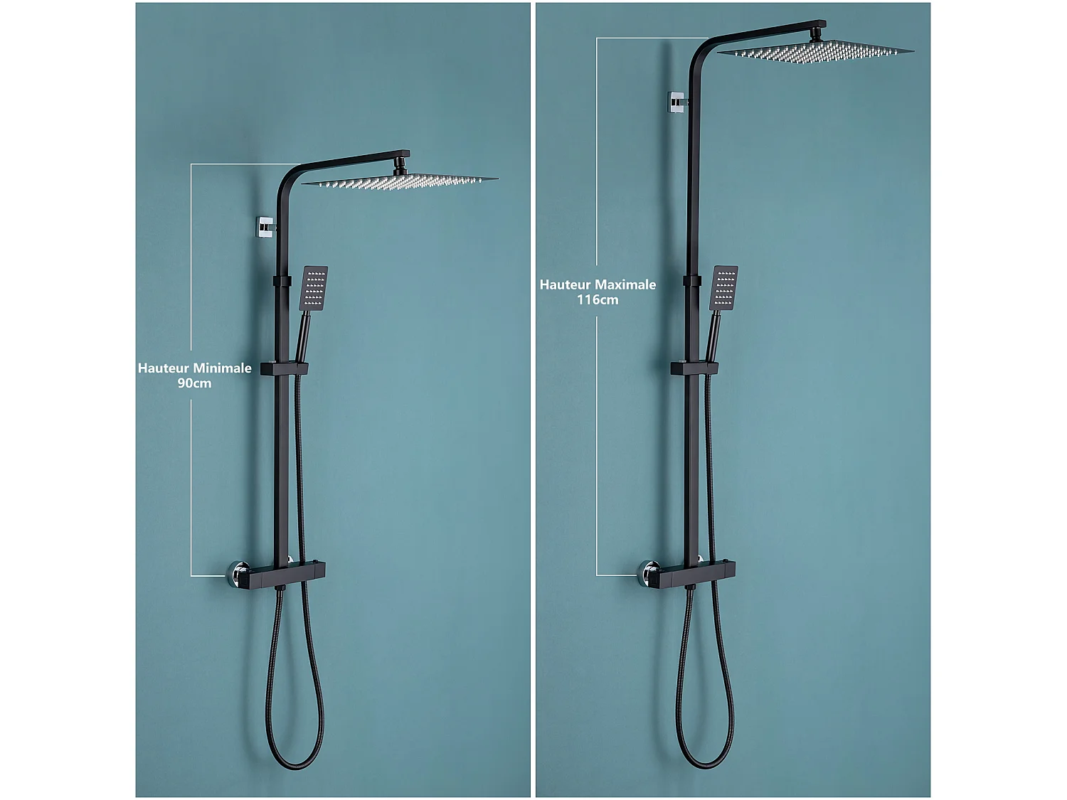 Colonne Douche Thermostatique,Réglable Hauteur 30x30CM Pommeau Douche,Colonne Douche Noir Inoxydable,Mitigeur Thermostatique Salle Bain,EU Modèle