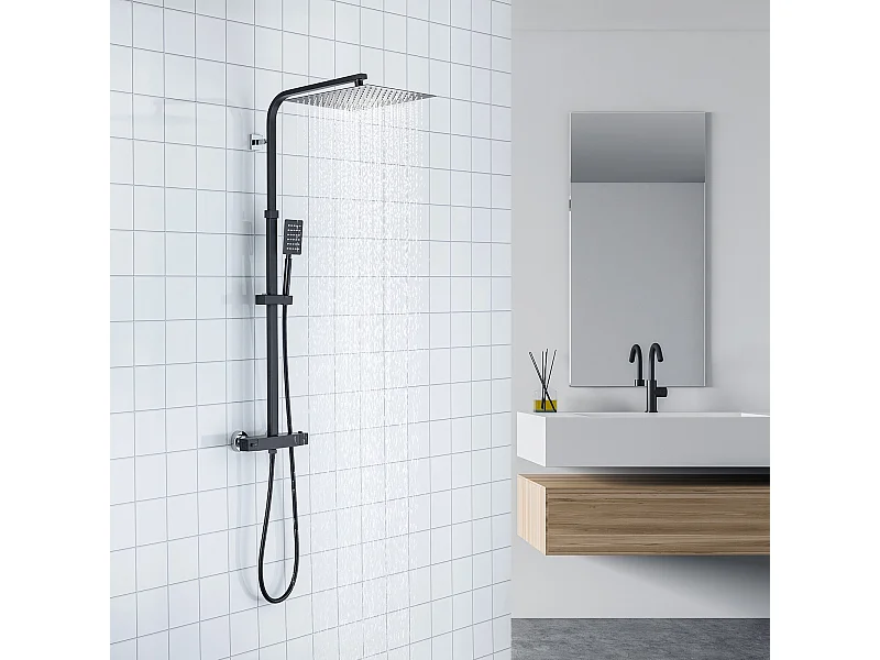 Colonne Douche Thermostatique,Réglable Hauteur 30x30CM Pommeau Douche,Colonne Douche Noir Inoxydable,Mitigeur Thermostatique Salle Bain,EU Modèle