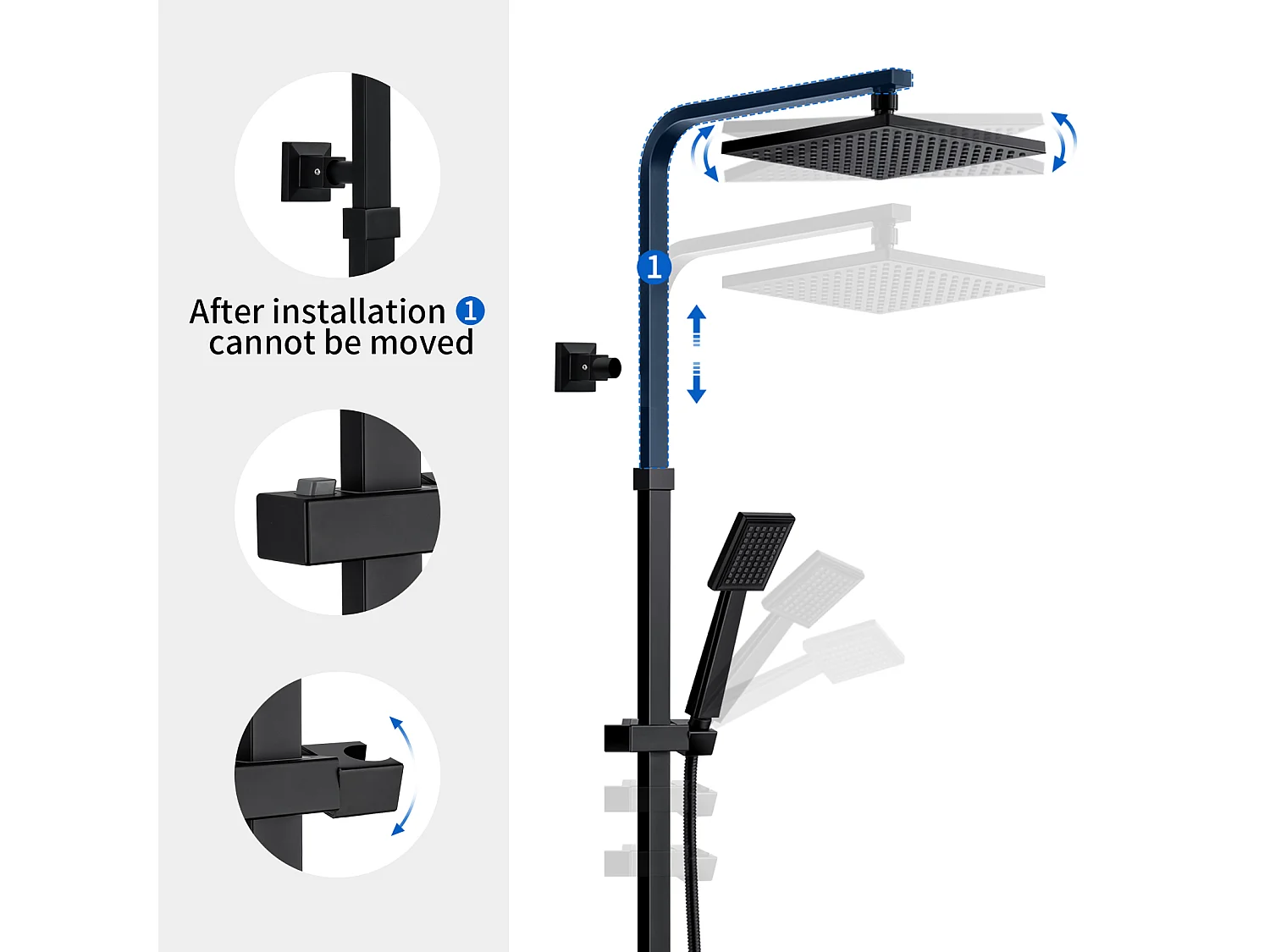 Schwarze thermostatische Duschsäule, höhenverstellbares Duschset mit 2 Funktionen mit Thermostatmischer, Regenduschsystem fürs Badezimmer