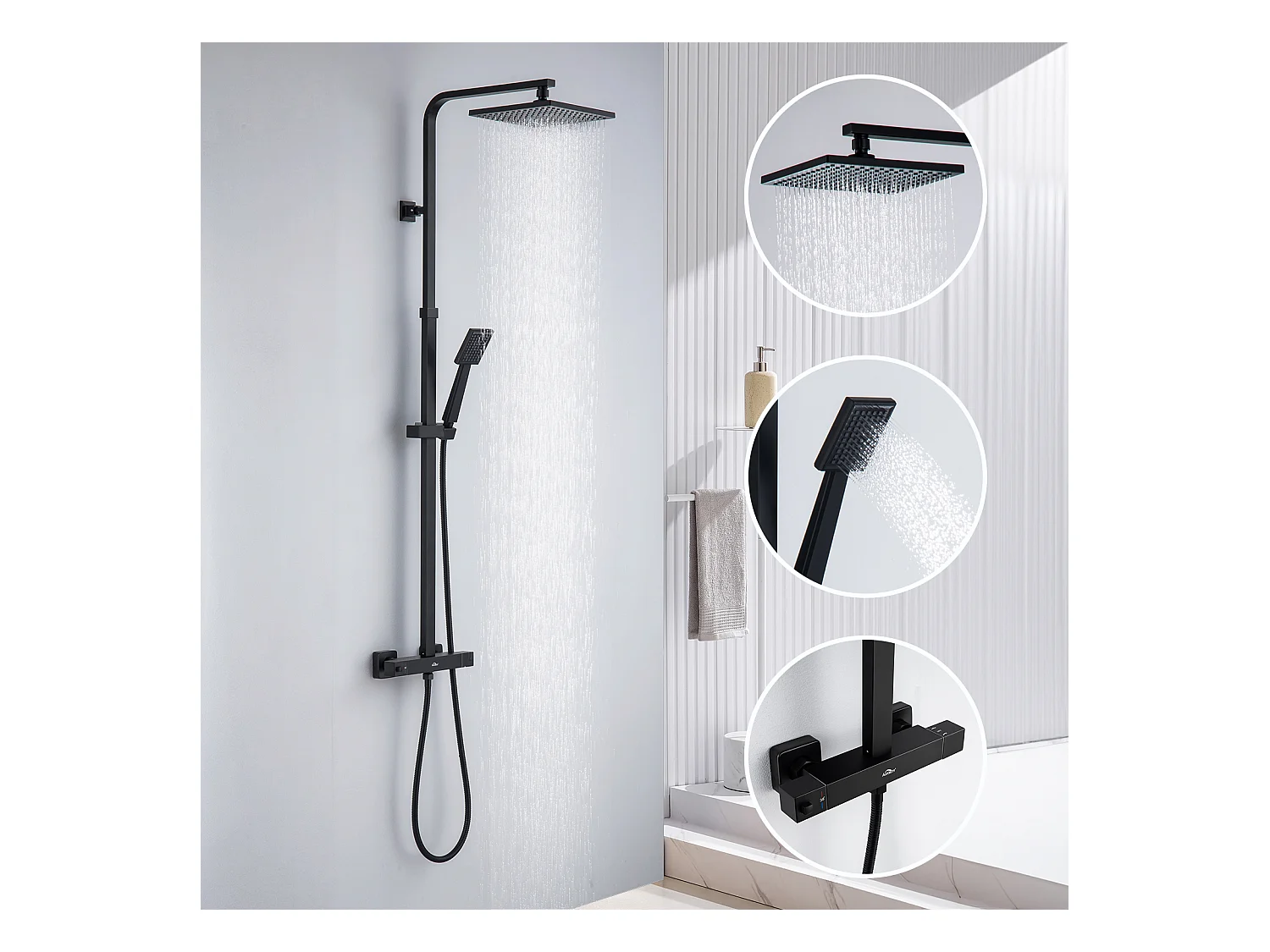 Colonne de Douche Thermostatique Noir,Hauteur Ajustable Ensemble Douche avec 2 Fonctions avec Mitigeur Thermostatique,SystemeDouche Pluie Salle Bain