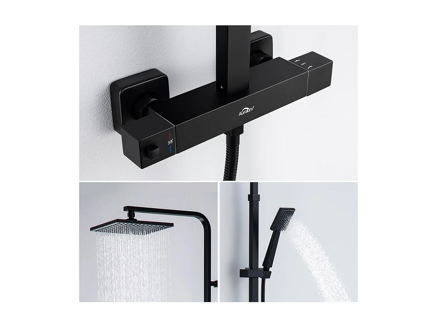 Columna de Ducha Termostática Negro,Altura Ajustable Conjunto Ducha con 2 Funciones con MezcladorTermostático,SistemaDucha Lluvia Cuarto Baño