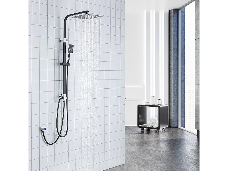 Colonne Douche Sans Mitigeur Système Douche avec Douchette à Main/Tête Douche Carré 10 Pouces/Hauteur Réglable 690-1130 mm Salle Bain,Noir,EU Modèle