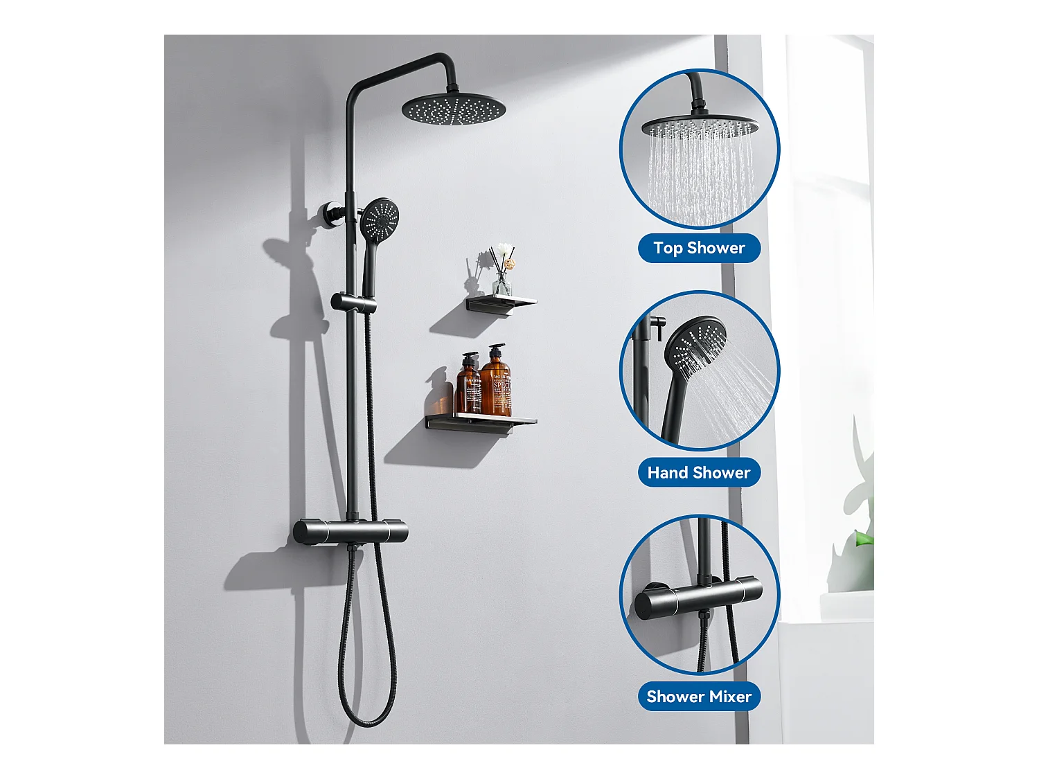 AURALUM MAX Colonne de Douche Noir avec Mitigeur Thermostatique,Mitigeur Douche avec Tête de Douche,Pommeau à Main 3 Jets,Hauteur Réglable 840-1210mm