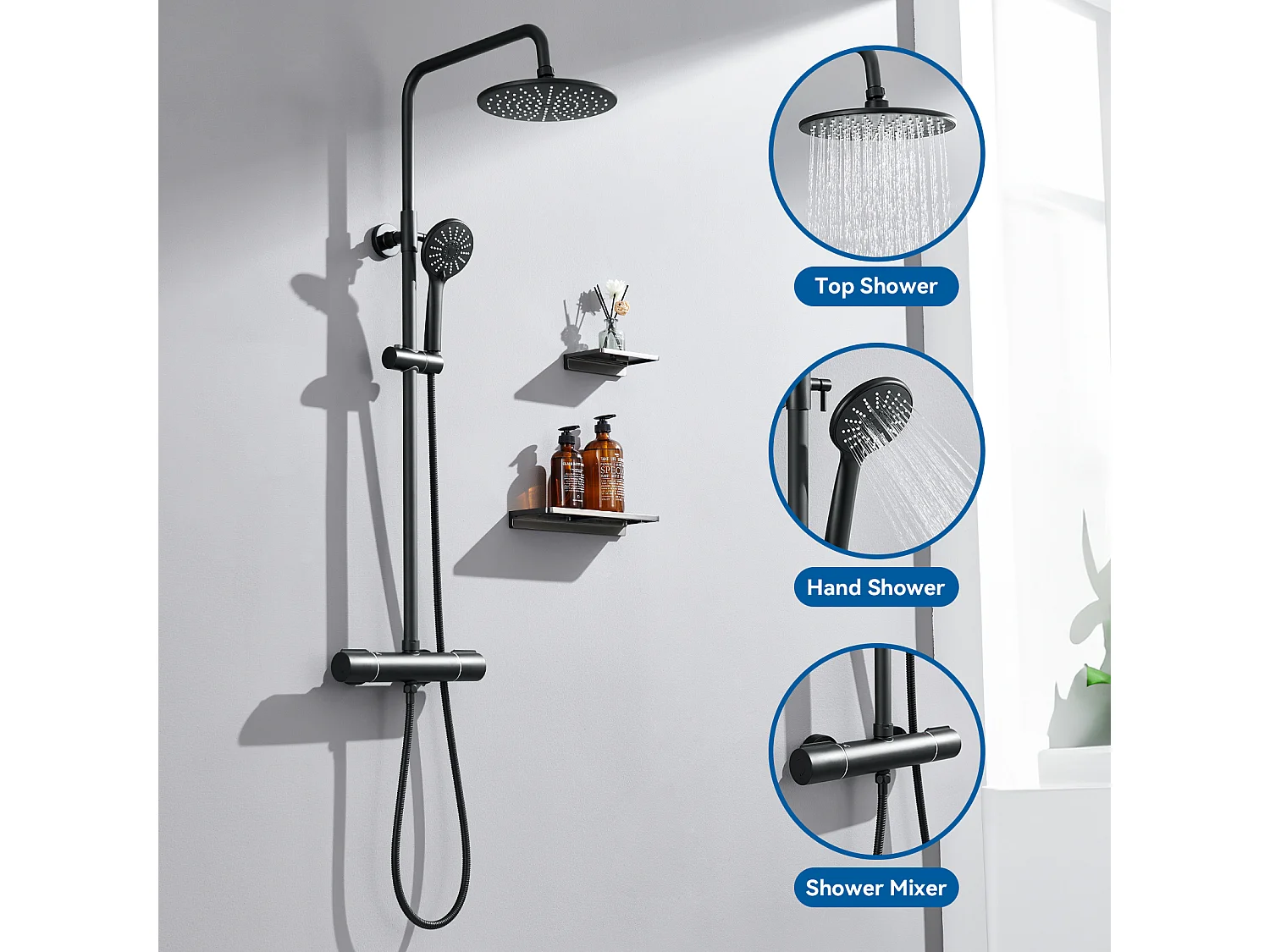 AURALUM MAX Colonne de Douche Noir avec Mitigeur Thermostatique,Mitigeur Douche avec Tête de Douche,Pommeau à Main 3 Jets,Hauteur Réglable 840-1210mm