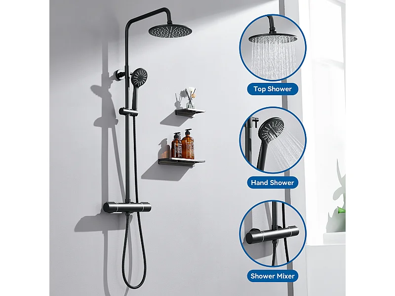 AURALUM MAX Colonne de Douche Noir avec Mitigeur Thermostatique,Mitigeur Douche avec Tête de Douche,Pommeau à Main 3 Jets,Hauteur Réglable 840-1210mm