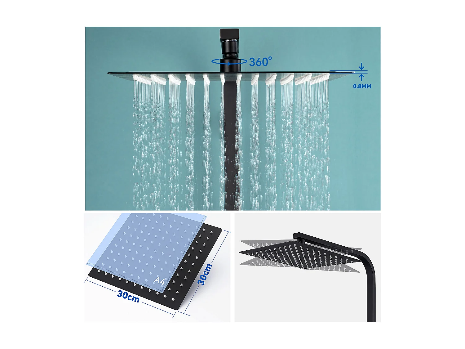 WatZwarte thermostatische douche van 38°C met mengkraan, in hoogte verstelbaar 90-116cm + badkamer handdoekrek, zelfklevend / boren, 60CM, roestvrij staal