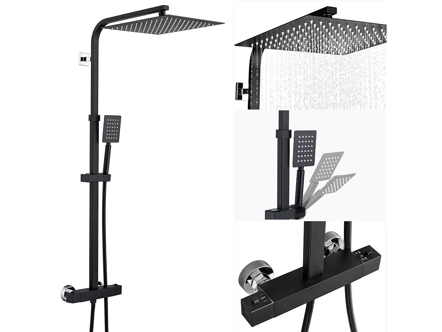 Colonne Douche Thermostatique Noir de 38°C avec Mitigeur,Réglable Hauteur 90-116cm+Porte-Serviettes de Salle Bain,Auto-adhésif/ Perçage,60CM,en INOX