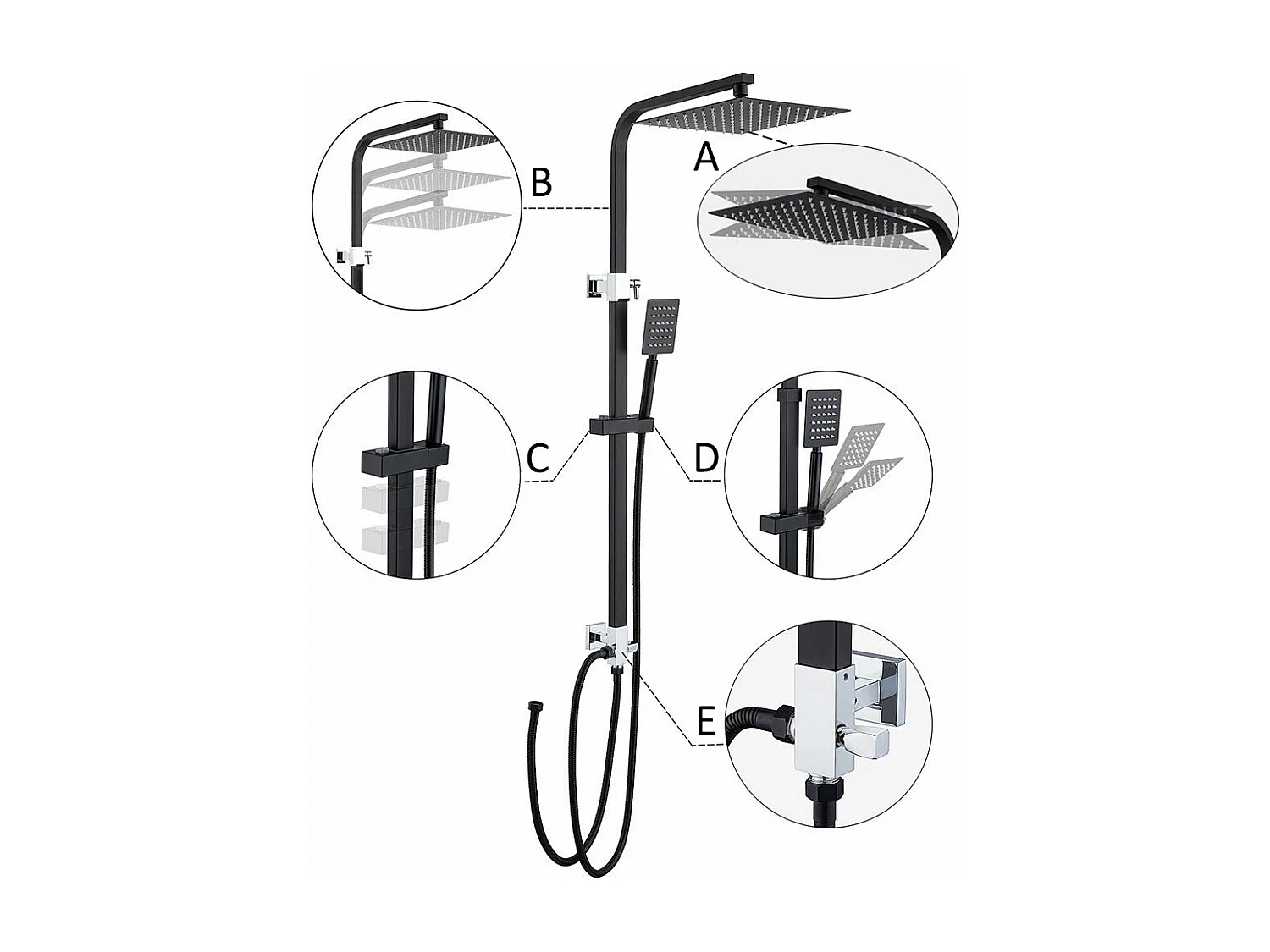 Colonne de Douche Sans Robinetterie Ensemble de Douche Laiton Système de Douche Hauteur Réglable 690-1130 mm Salle de Bain Noir