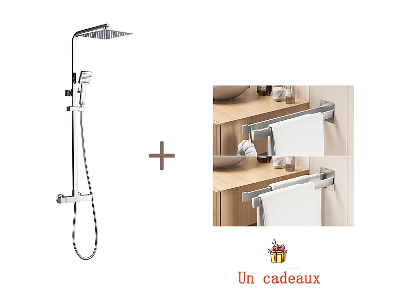 Columna de Ducha ThermostaGarrapata Cromada,Sistema de Ducha Cuerpo de Latón Altura Ajustable+Porta Toalla Baño Adhesivo/Perforación,Cepillado
