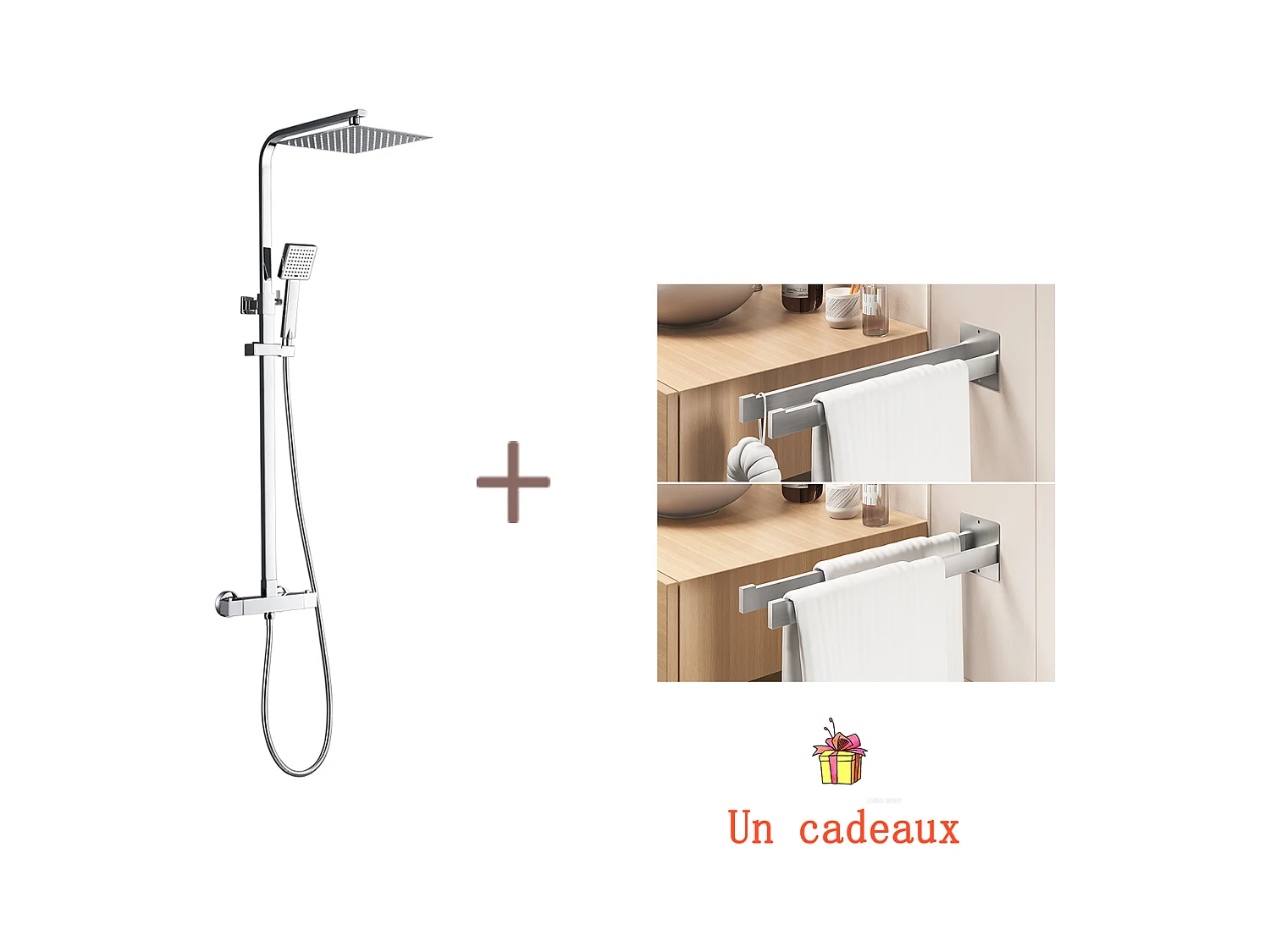 Colonne de Douche Thermostatique Chromé,Système de Douche Corps en Laiton Hauteur Réglable+Porte Serviette Salle Bain Adhésif/Perçage,Brossé