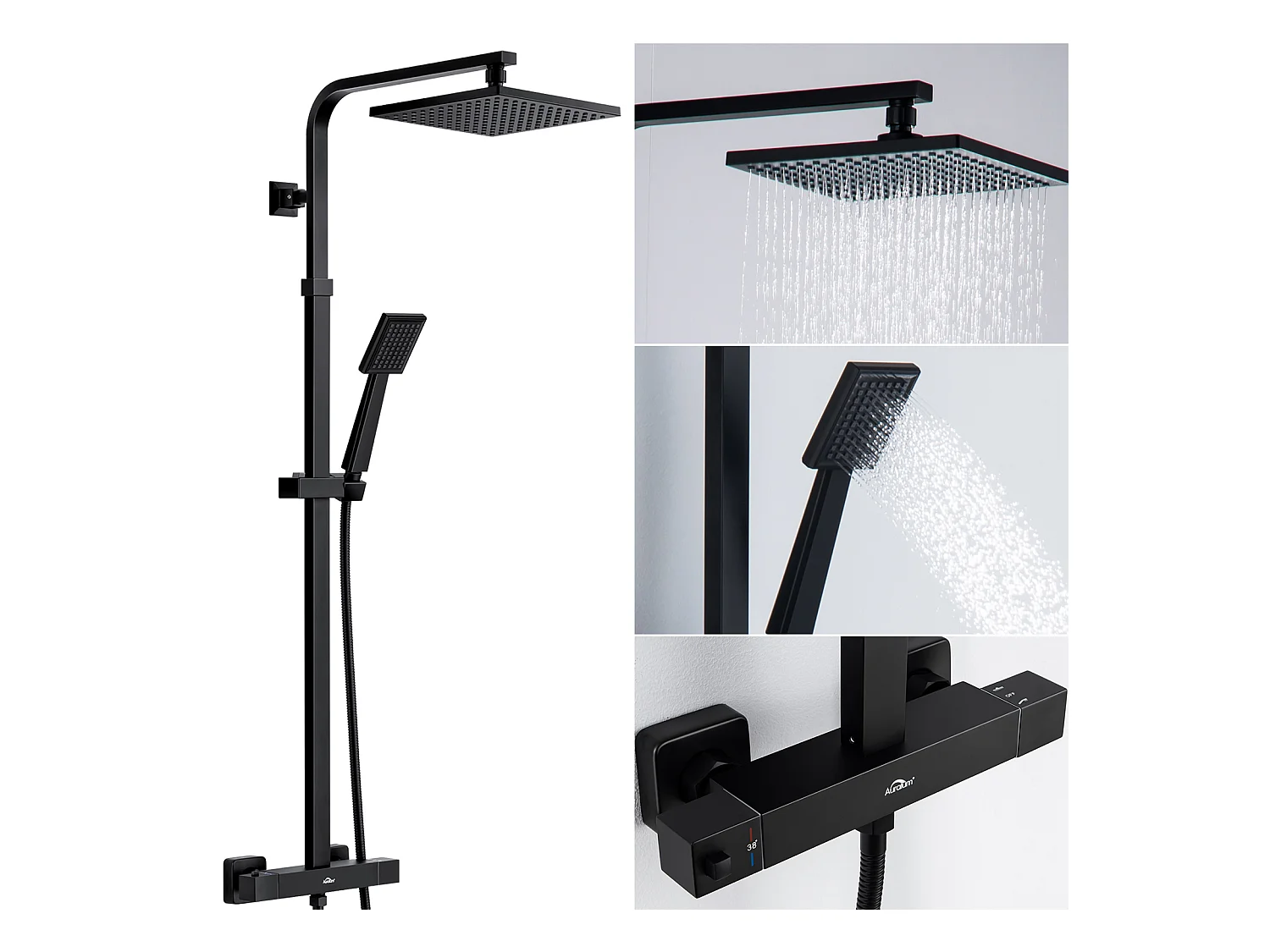AURALUM MAX Colonne Douche Thermostatique, Colonne de Douche Noir Réglable Hauteur, Colonne de douche avec mitigeur,Mitigeur Douche pour Salle  Bain