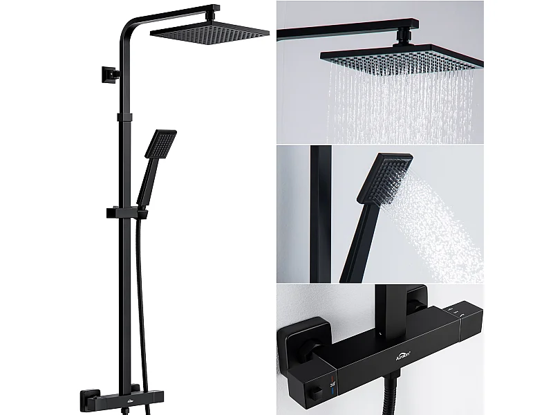 AURALUM MAX Colonne Douche Thermostatique, Colonne de Douche Noir Réglable Hauteur, Colonne de douche avec mitigeur,Mitigeur Douche pour Salle  Bain