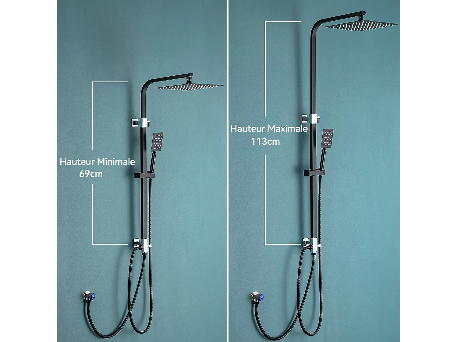 AURALUM MAX  Colonne de Douche Noir Carré (Sans Robinet) 2 Fonctions Ensemble de Douche avec Douchette à Main, Hauteur Réglable 69 - 113 cm