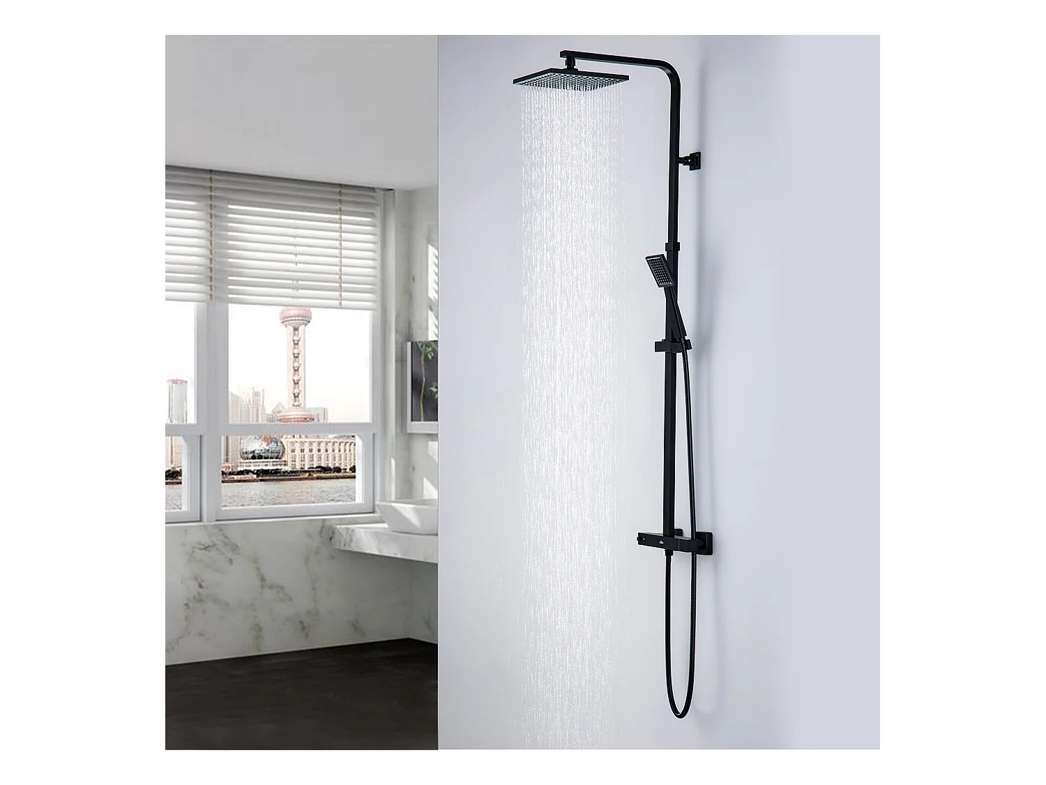 Zwarte Thermostatische Douchekolom Set Messing Messing Mengkraan Thermostatische Mengkraan met Douchekop/Douche In hoogte verstelbaar, EU Model