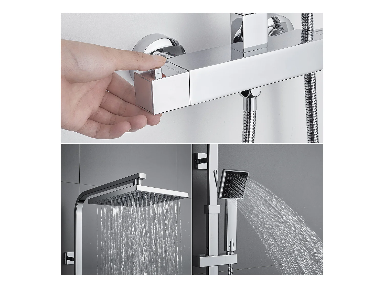 AURALUM MAX Colonne  Douche Thermostatique,Réglable en Hauteur,Système Douche avec Pommeau de Pluie et Douchette à Main Carré,Acier Inoxydable Chromé
