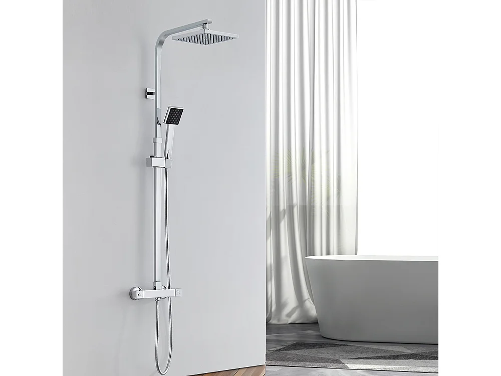 AURALUM MAX Colonne  Douche Thermostatique,Réglable en Hauteur,Système Douche avec Pommeau de Pluie et Douchette à Main Carré,Acier Inoxydable Chromé