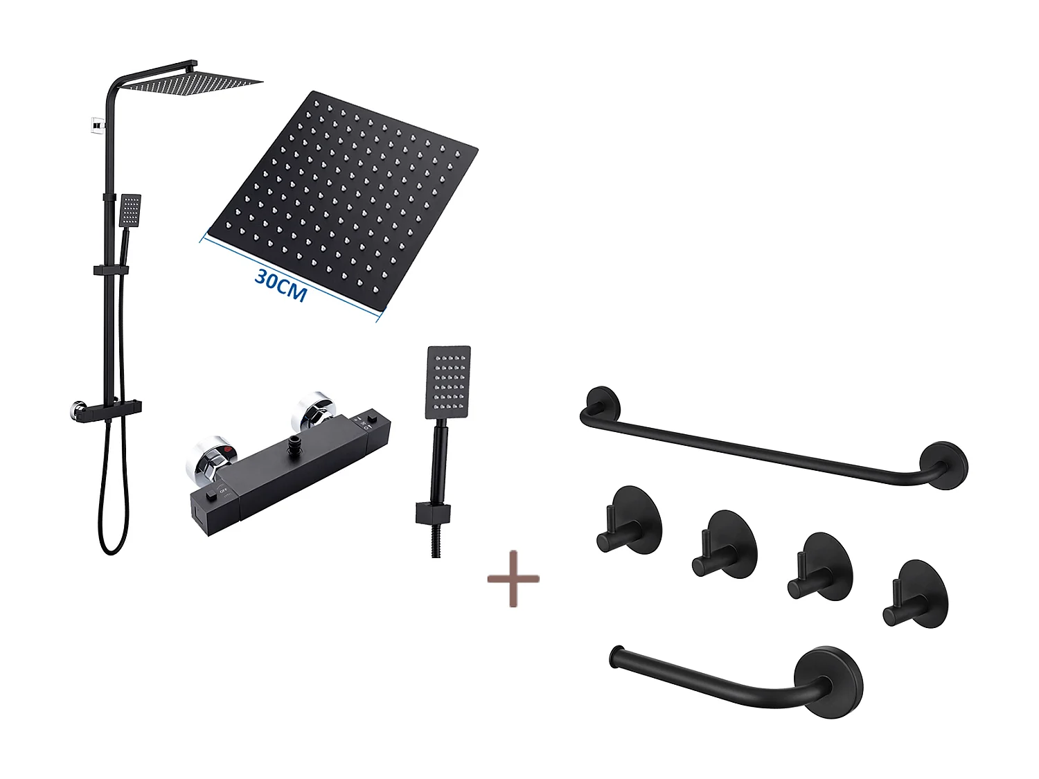 Colonne Douche Thermostatique Noir de 38°C avec Mitigeur,Réglable Hauteur 90-116cm+Ensemble Salle Bain Accessoire 6 Pièces,Auto-adhésif/percer,Inox