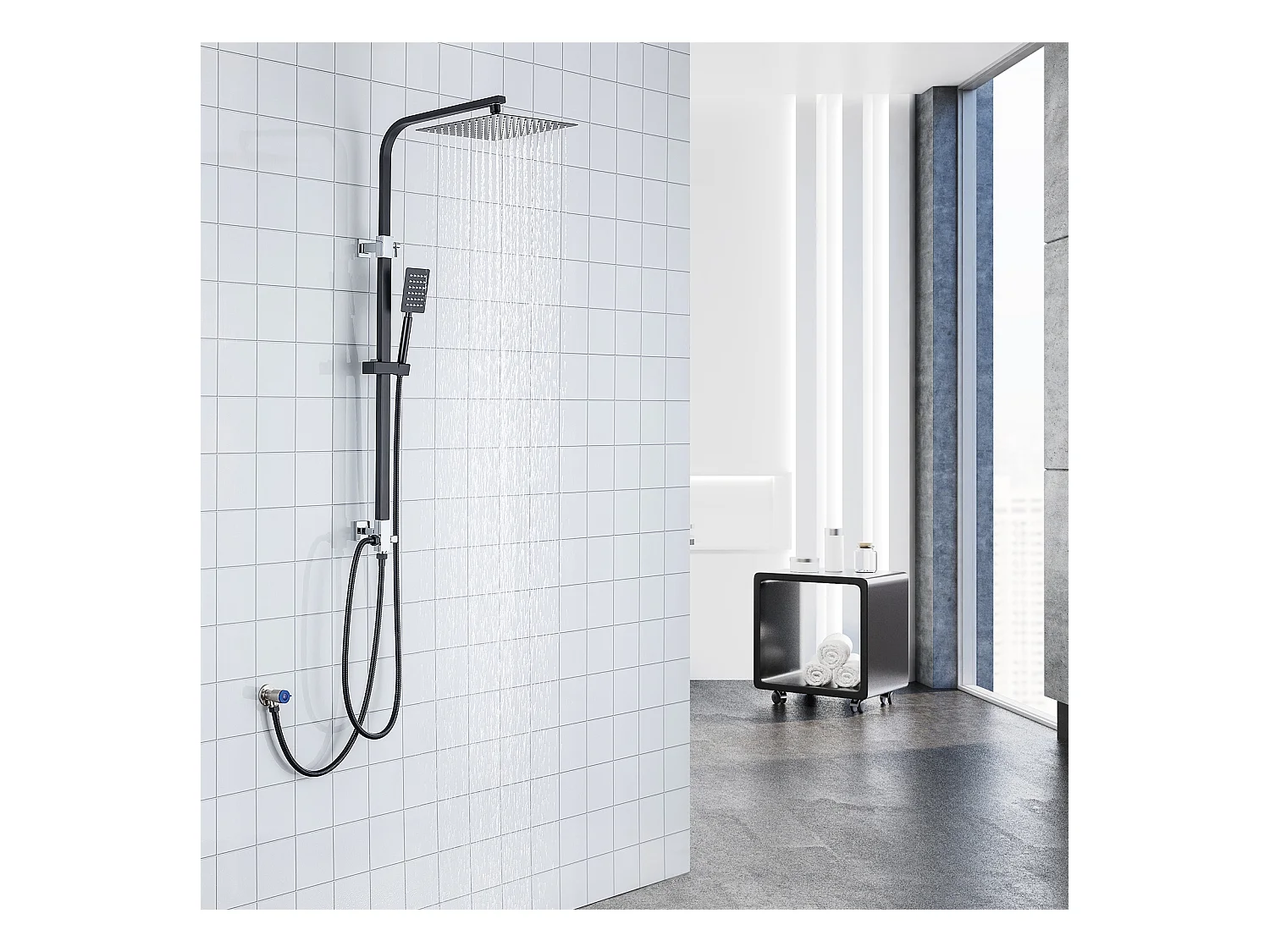 Colonne de Douche Sans Mitigeur Système Douche avec Douchette à Main/Tête de Douche Carré 10 Pouces/Hauteur Réglable 690-1130 mm Salle de Bain，Noir