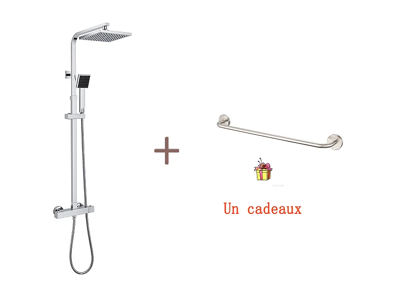 Auralum MAX Sistema de Ducha Cuadrado Columna de Ducha con Mezclador Termostático,Cuerpo eN Latón+60cm Toallero Cuarto de baño de acero inoxidable 304