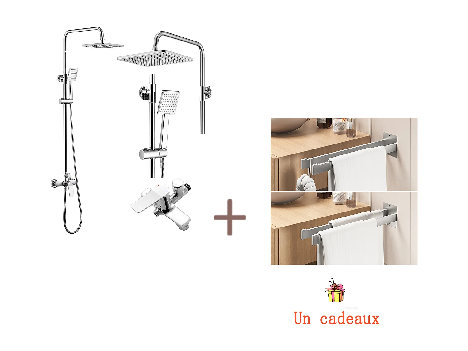 AURALUM MAX Colonne de Douche Mécanique,Hauteur Réglable 90-1240mm Set de Douche en Laiton Chromé+Porte Serviette Salle Bain Adhésif/Perçage,Brossé