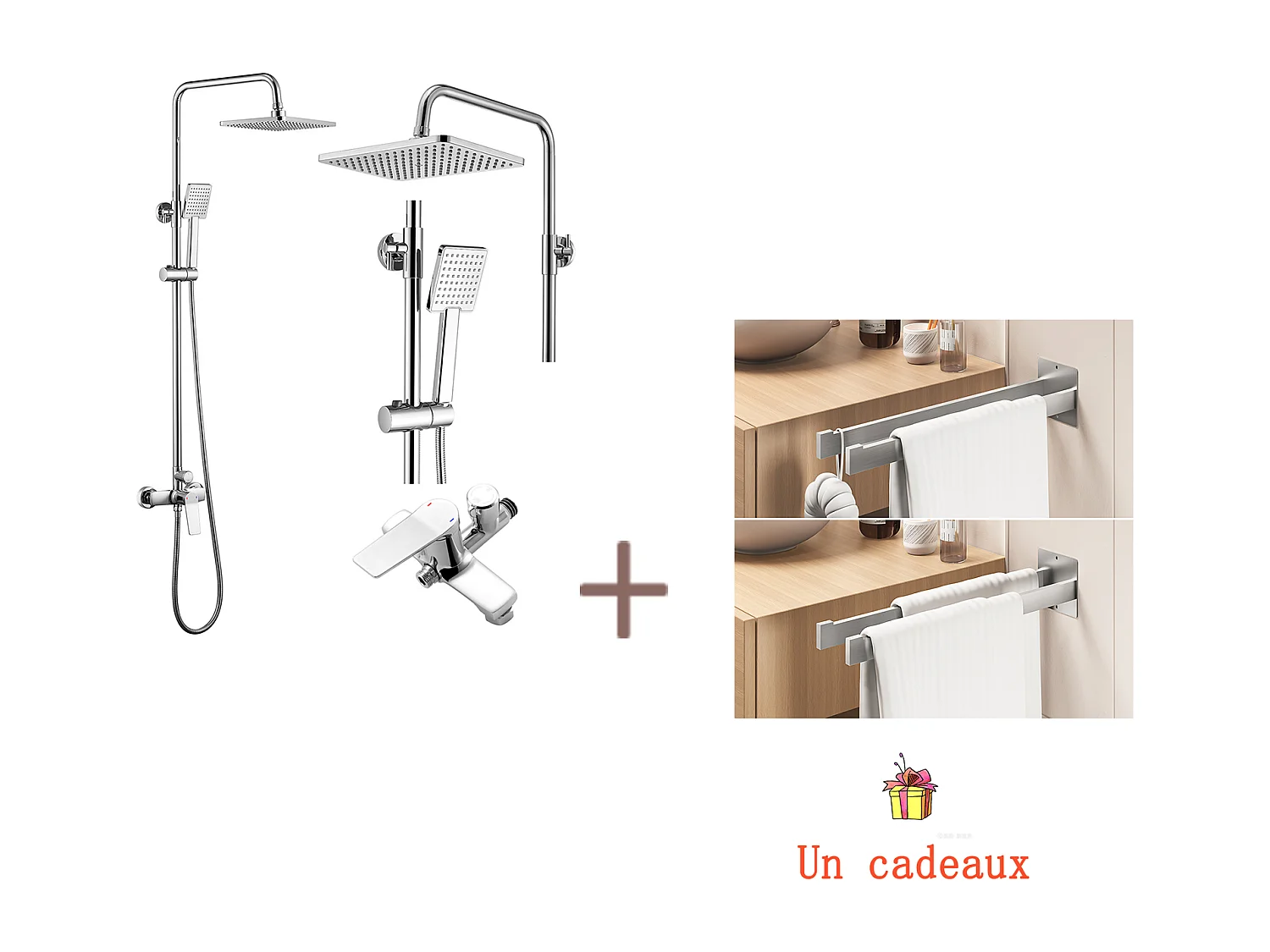 AURALUM MAX Colonne de Douche Mécanique,Hauteur Réglable 90-1240mm Set de Douche en Laiton Chromé+Porte Serviette Salle Bain Adhésif/Perçage,Brossé