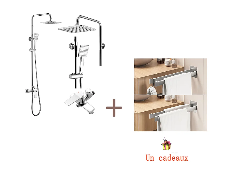 AURALUM MAX Columna de Ducha Mecánica,Altura Ajustable 90-1240mm Set de Ducha de Latón Cromado+Porta Toalla Baño Adhesivo/Perforación,Cepillado