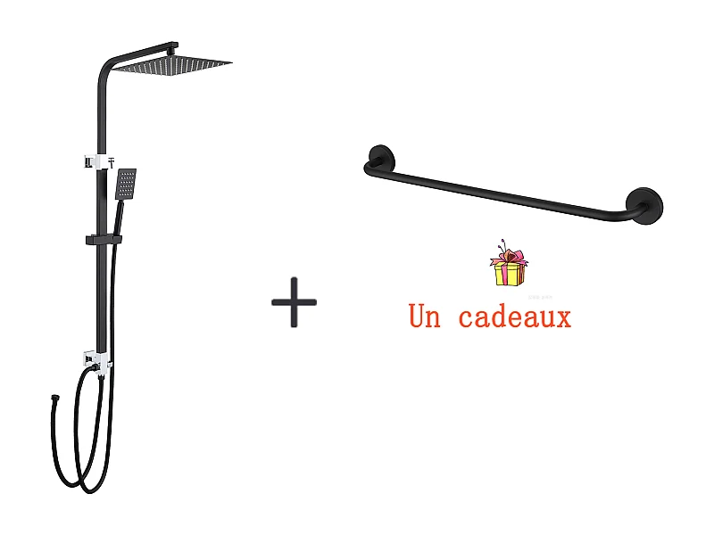 Schwarze Duschsäule ohne Mischer, höhenverstellbares Duschset 690-1130 mm + Handtuchhalter fürs Bad, selbstklebend/bohrbar, 60CM