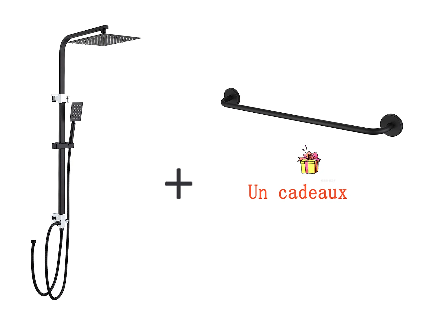 Colonne de Douche Noir Sans Mitigeur,Ensemble Douche en Hauteur Réglable de 690-1130 mm+Porte-Serviettes de Salle de Bain,Auto-adhésif/ Perçage,60CM