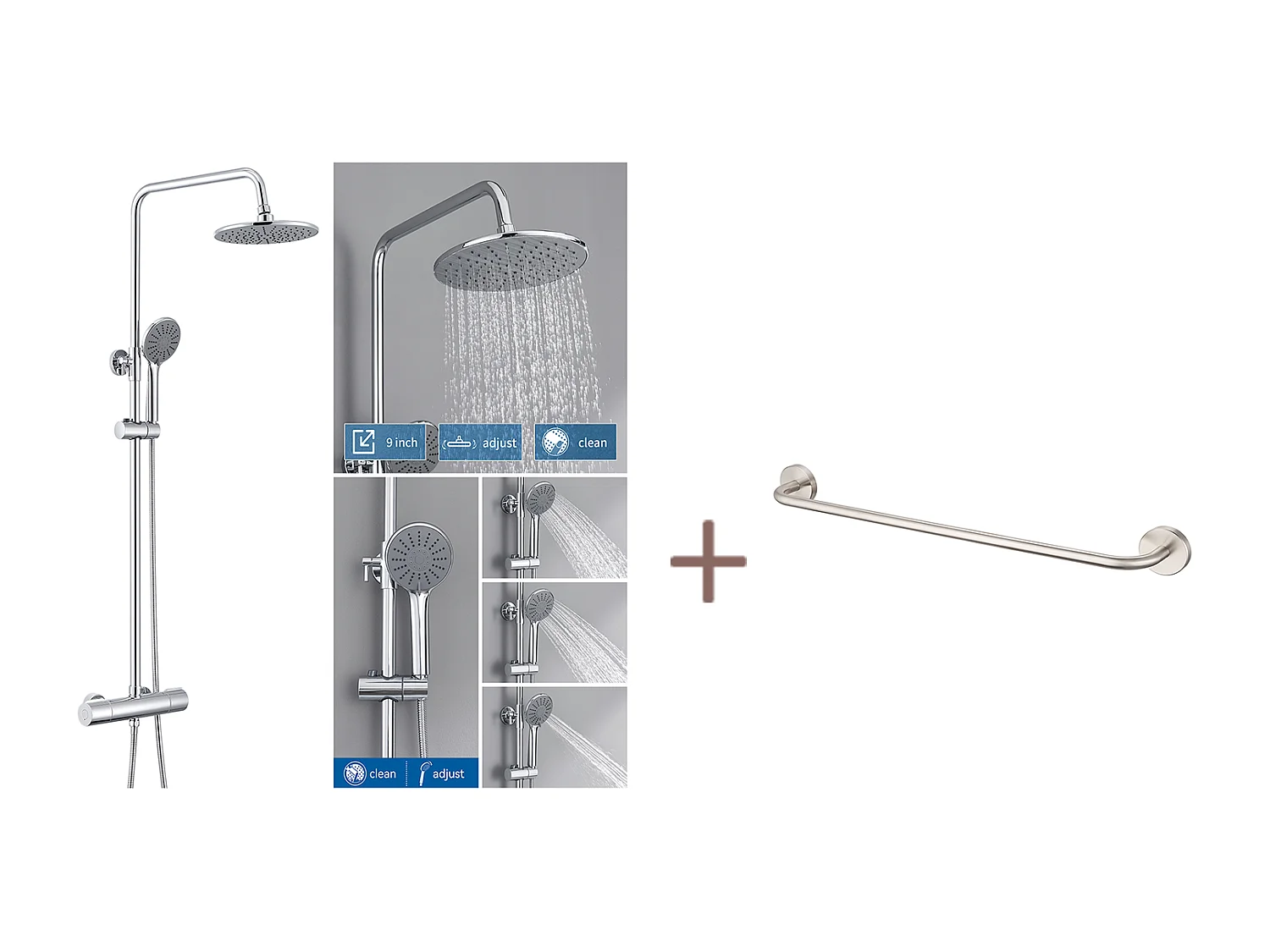 Chrom-Thermostat-Duschsäule, höhenverstellbares Duschset, Handbrause mit 3 Wasserstrahlen + 60 cm Handtuchhalter, Badezimmer, selbstklebend/bohrend