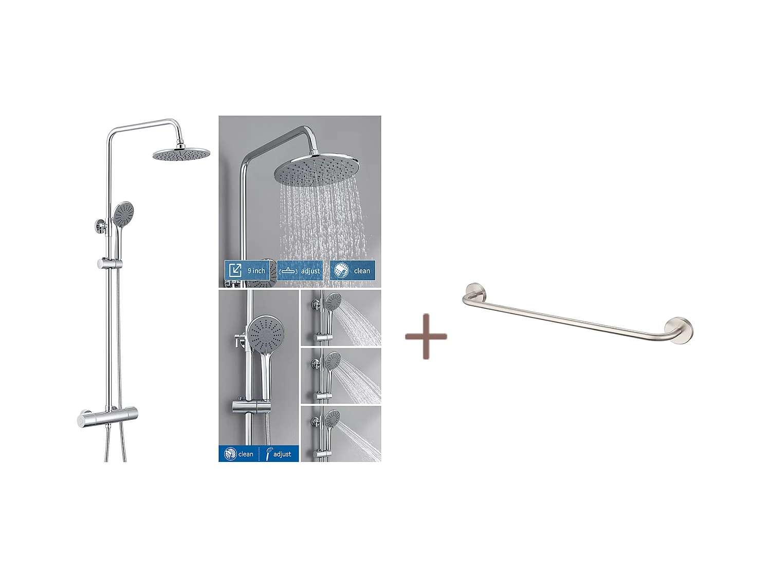 Colonne Douche Thermostatique Chromé,Hauteur Réglable Set Douche Douchette avec 3 Jets D’eau+60cm Porte-Serviettes Salle Bain Auto-adhésif/ Perçage