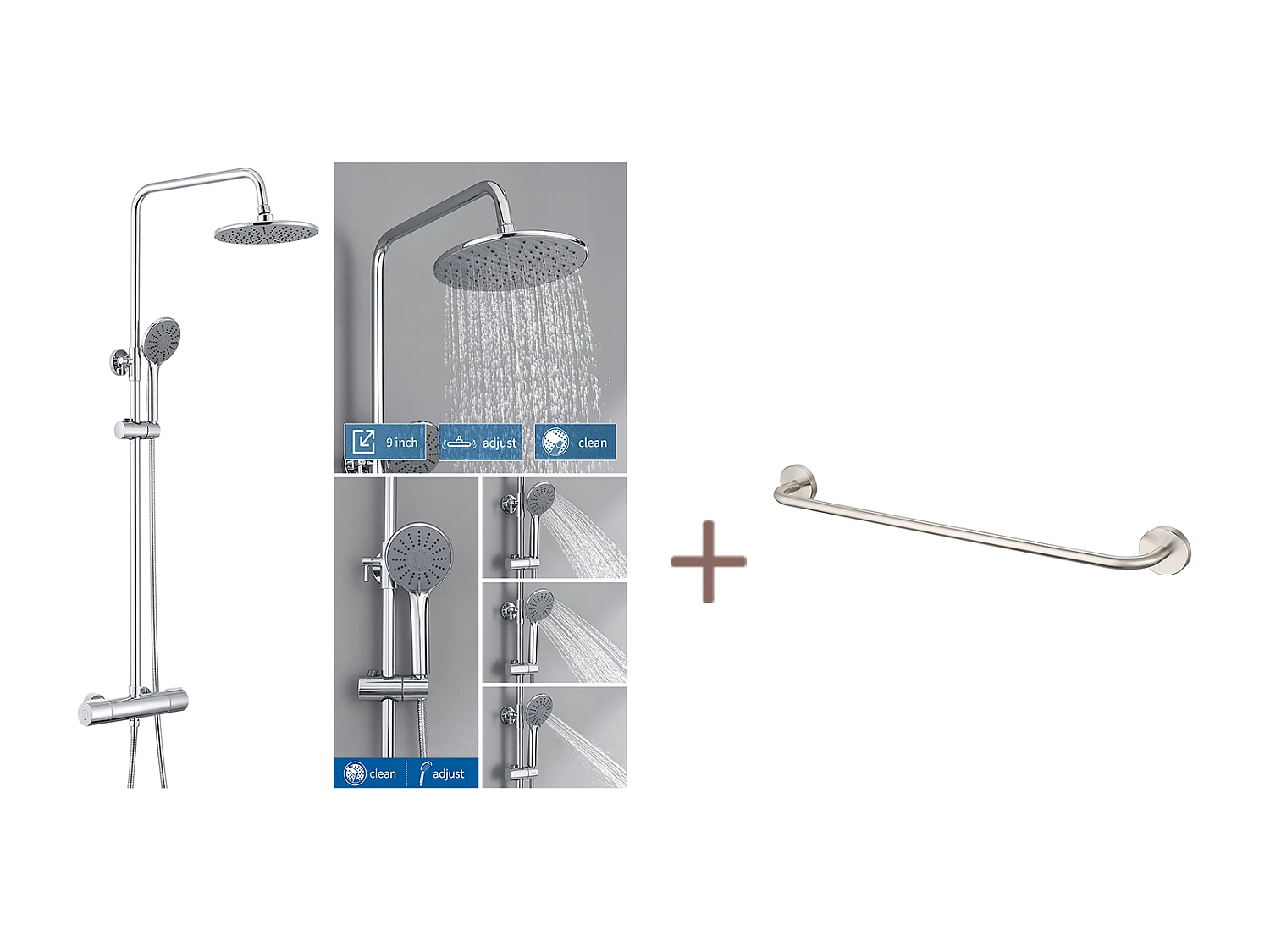 Thermostatische Douchekolom Verchroomd, In Hoogte Verstelbare Doucheset Handdouche met 3 Waterstralen+60cm Handdoekhouder Badkamer Zelfklevend/ Boren