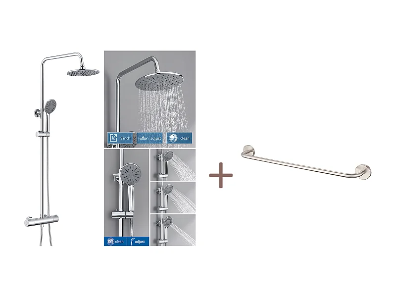 Columna Ducha Termostática Cromada,Altura Ajustable Set Ducha Ducha con 3 Jets De Agua+60cm Porta-Servielletas Baño Autoadhesivo/ Perforación