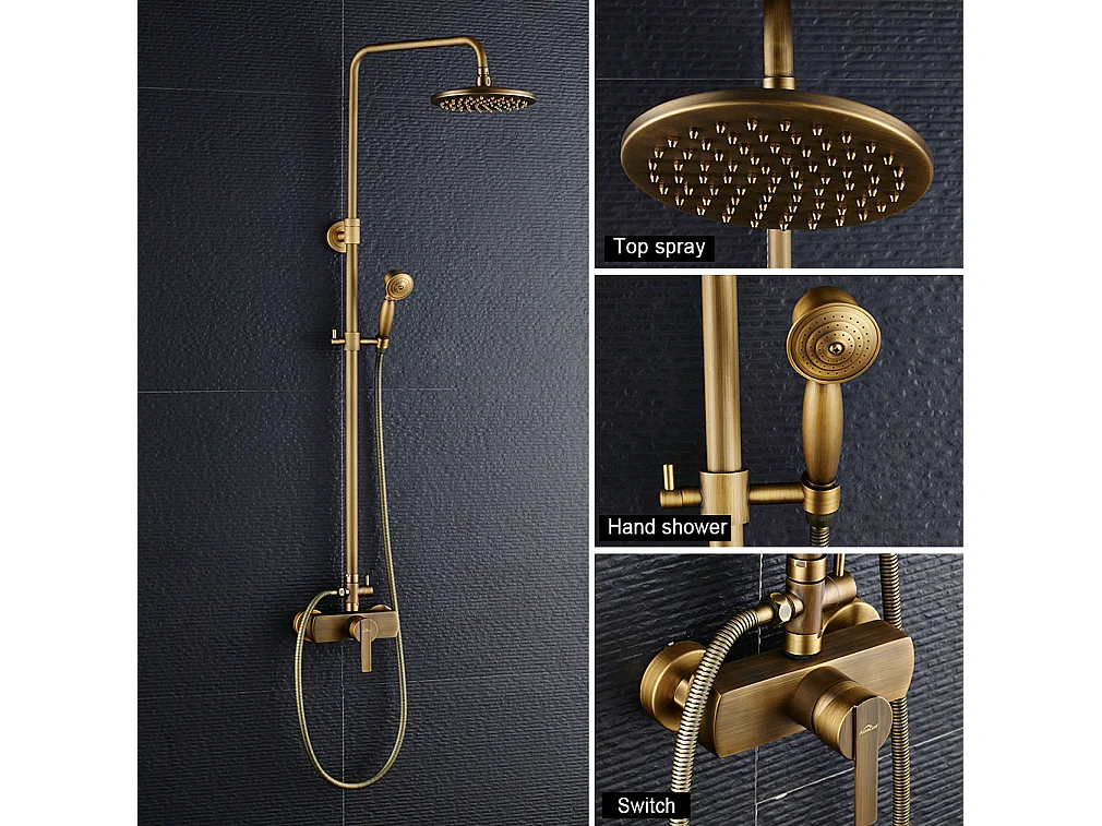 Auralum max Colonna doccia Meccanica in ottone Bronzo Retro, Altezza Regolabile + Set Bagno Accessorio 6 Pezzi, Autoadesivo/foratura, Inox, Nero