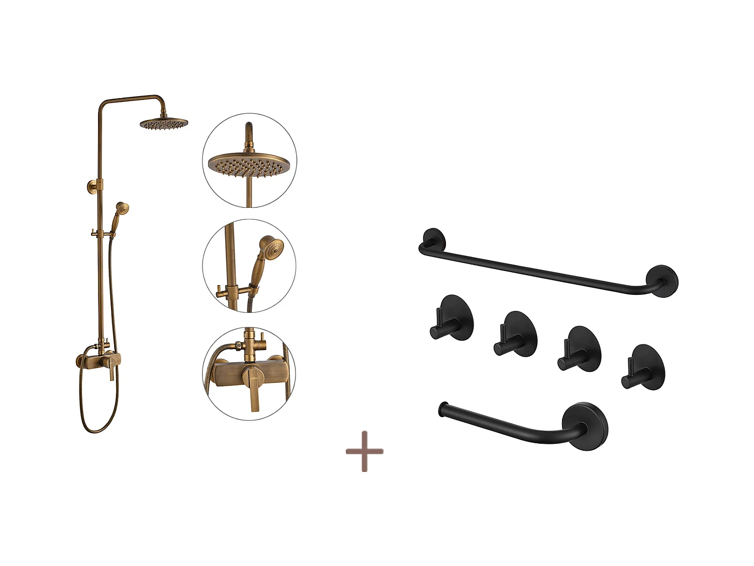 Auralum max messing mechanische douchekolom retro brons, in hoogte verstelbaar + badkamer accessoire set 6 stuks, zelfklevend/boren, roestvrij staal, zwart