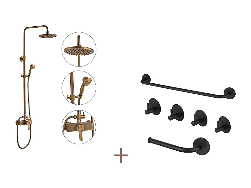 Auralum max Colonne douche Mécanique en laiton Bronze Rétro,Hauteur Réglable+Ensemble Salle Bain Accessoire 6 Pièces,Auto-adhésif/percer,Inox,Noir