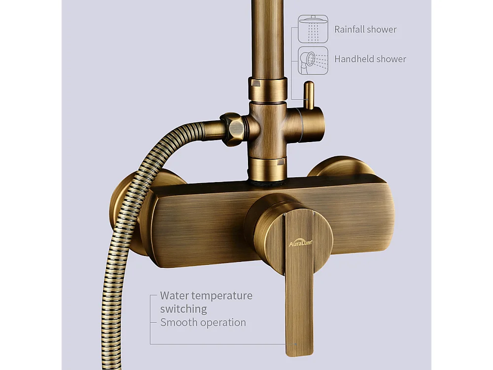 AURALUM MAX Columna de duchaDe latón Bronce Retro,Conjunto de Ducha con Mezclador Mecánico,Sistema de Ducha de Altura Ajustable para Baño
