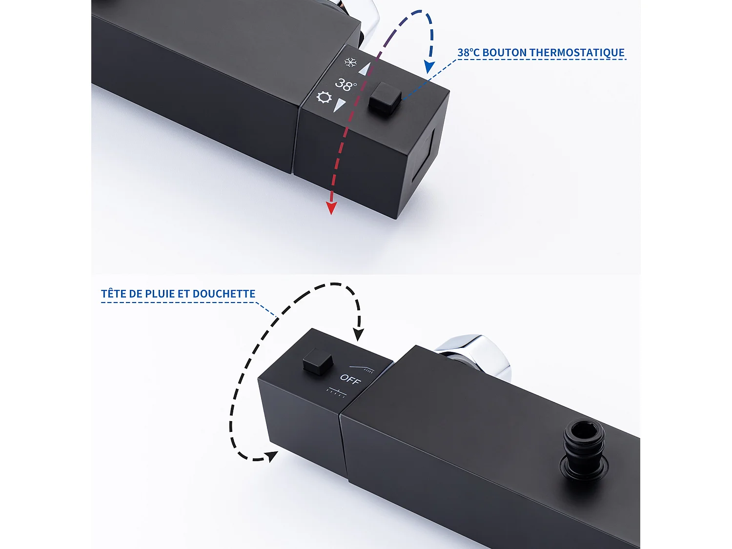 Schwarzes Thermostat-Duschsäulen-Duschset mit ultradünnem Duschkopf oben, höhenverstellbar für Badezimmer