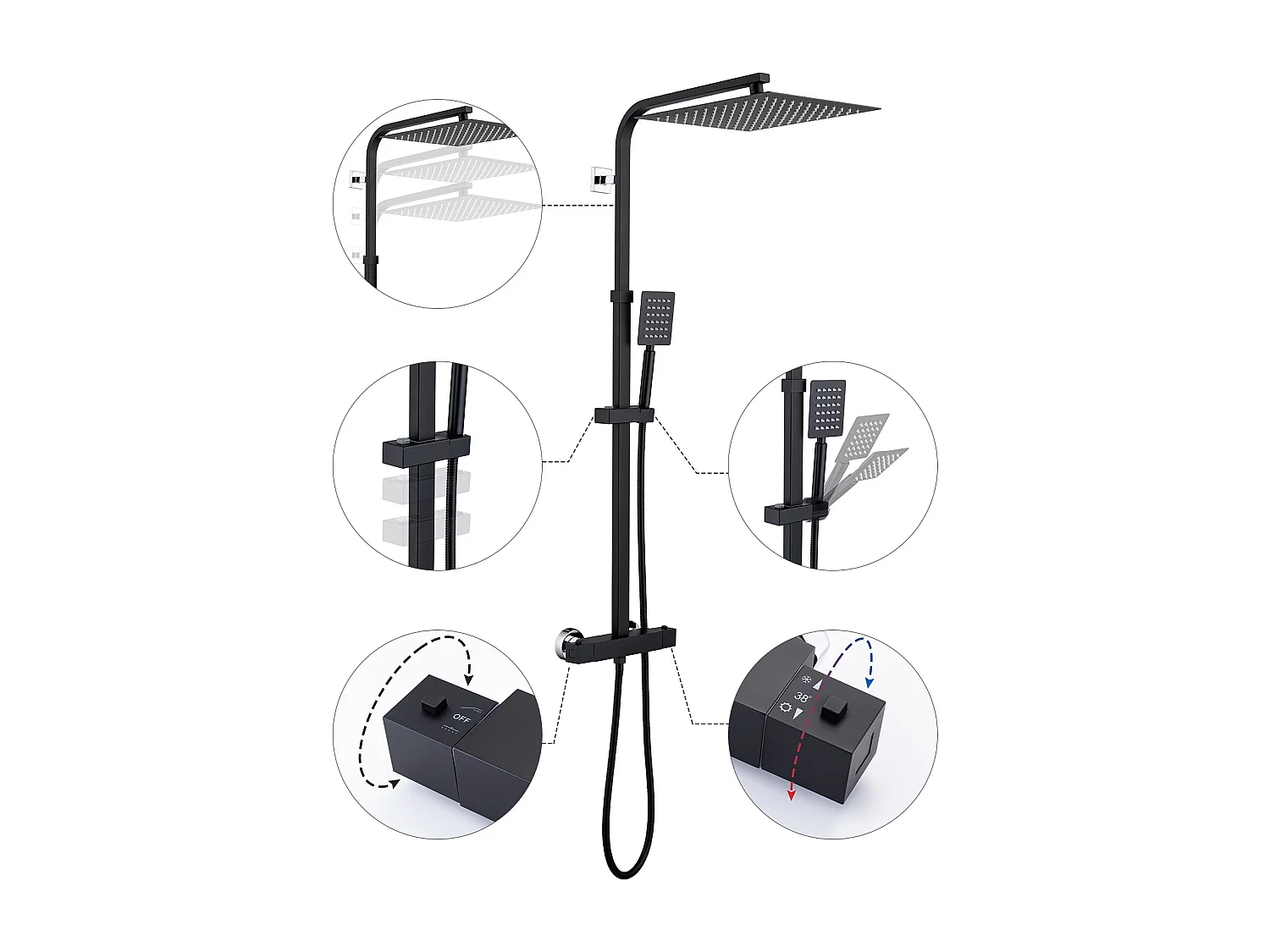 Colonne de Douche Thermostatique Noir Ensemble de Douche avec Douche de Tête Supérieur Ultra-mince Hauteur Réglable pour Salle de Bain