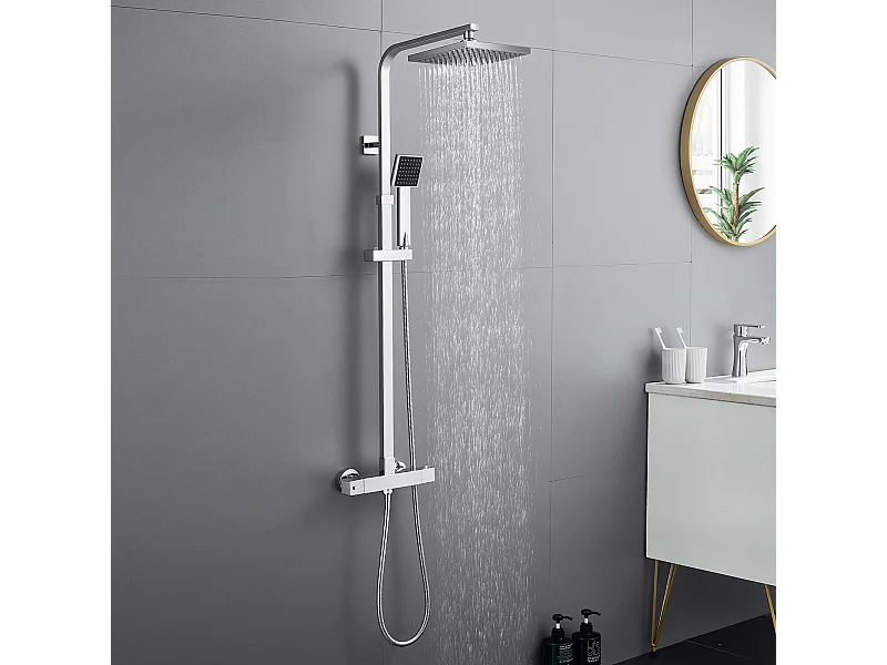 AURALUM MAX Columna de Ducha Termostática 2 Funciones Conjunto de Ducha con Cabezal de Ducha de 10 pulgadas, Altura Ajustable 92-125 cm